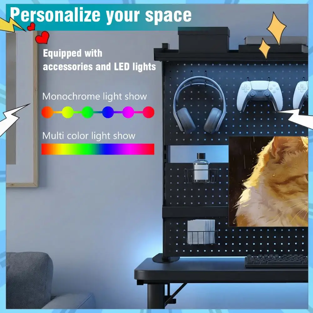 

Modular Pegboard with Monitor Stands Computer Accessories Desktop Shelving System 51 X 34 Inch for Home Office Dorm Gaming Desk
