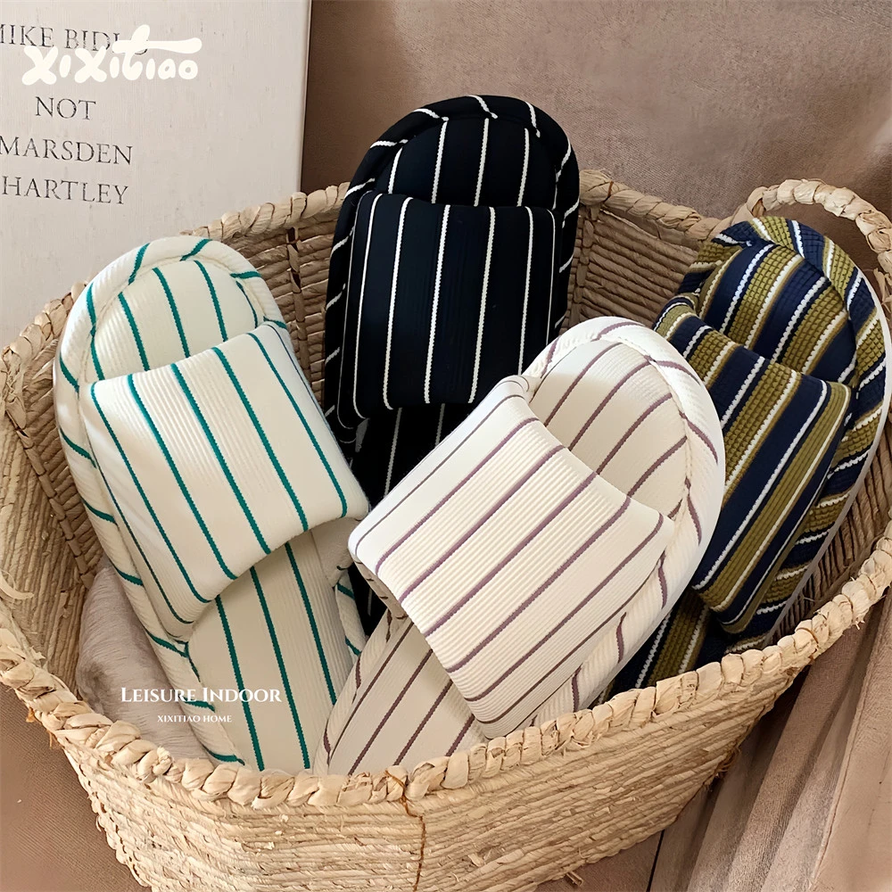 

Comfortable Cotton Linen Slippers Women's Floor oes Stripe Pattern Soft Bot All Season Simple Korean Sle Home slippers