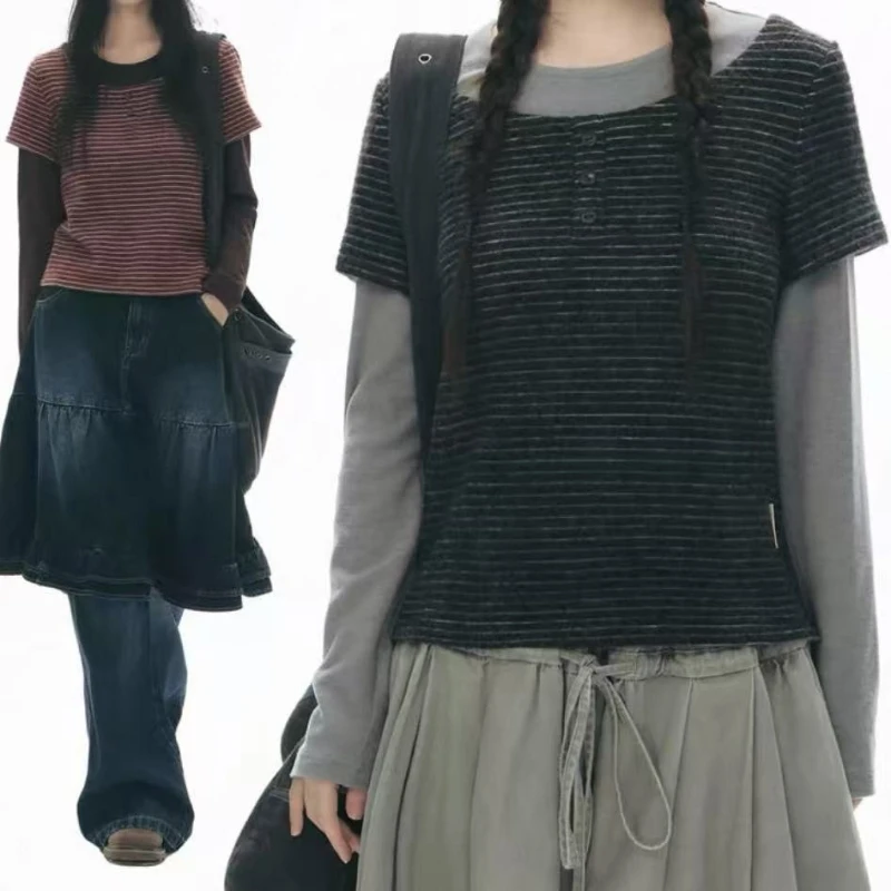 Autumn Fake Two Pieces Vintage Stripe T-shirt Y2k Aesthetic Patchwork Casual Slim Fit Tshirts Harajuku Women Grunge Button ​Tops
