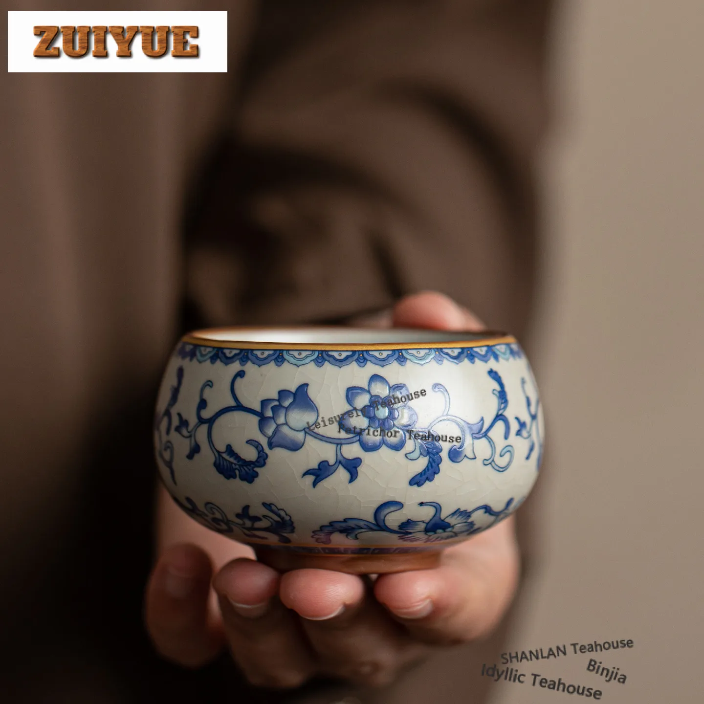 90ml Ru Kiln Interlock Branch Lotus Decoration Teacup Zen Tea Bowl Mug Tea-tasting Smelling Cup Jianzhan Master Cups Collection