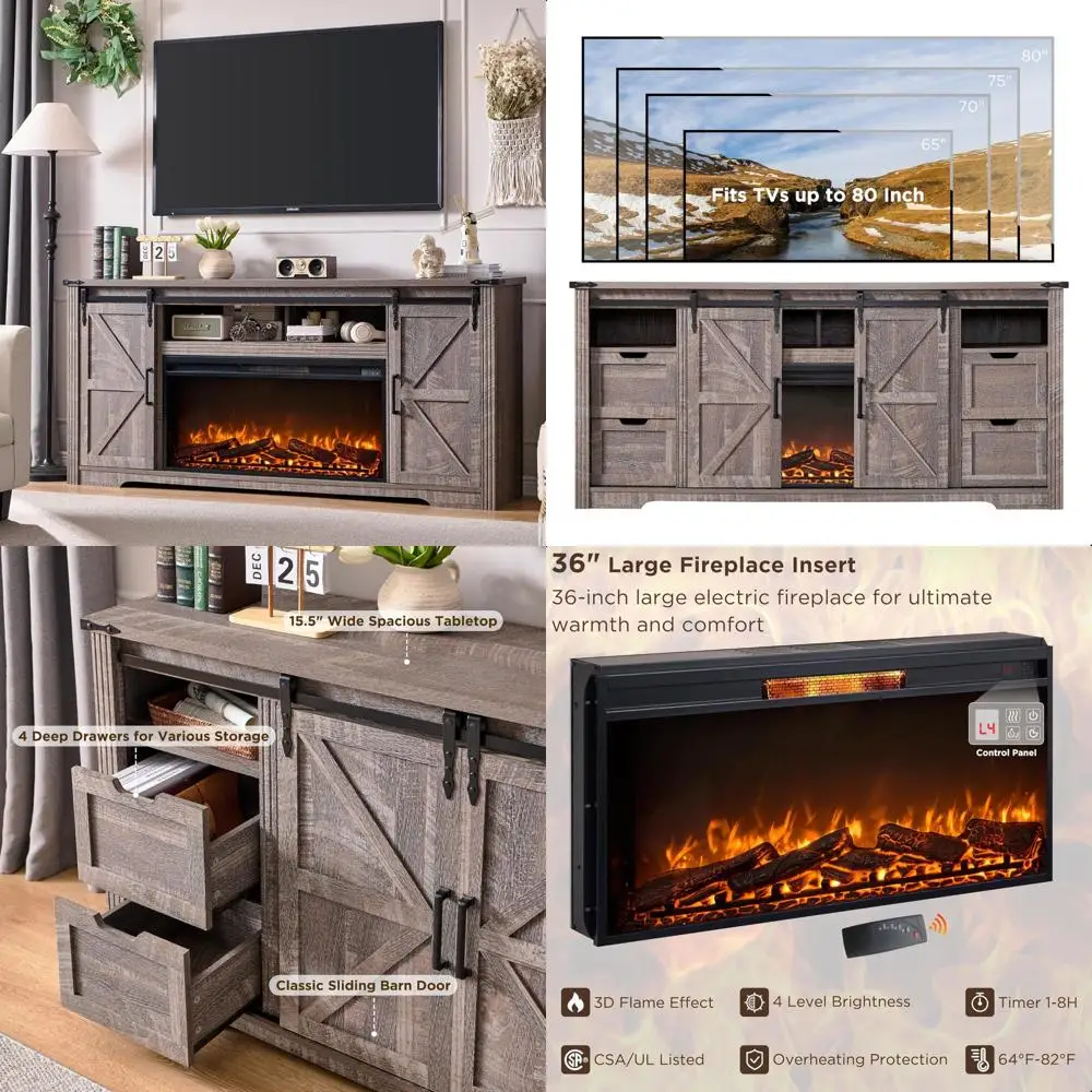 Modern Farmhouse 80 Inch TV Stand with 36 Fireplace and Sliding Doors Entertainment Center