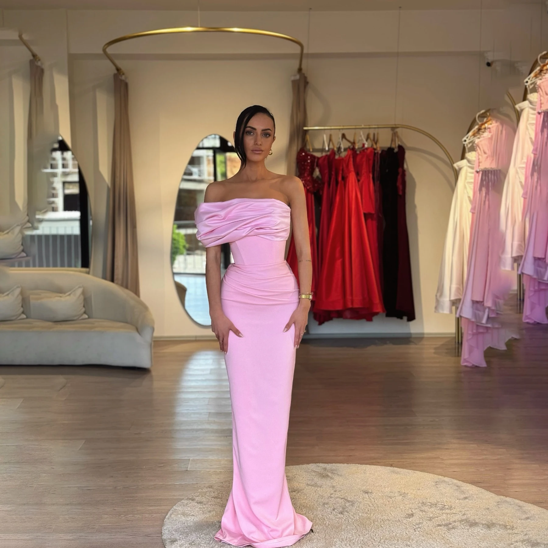 

Elegant pink mermaid prom dress satin pleated off shoulder evening dresses backless sheath formal gowns for women dresses