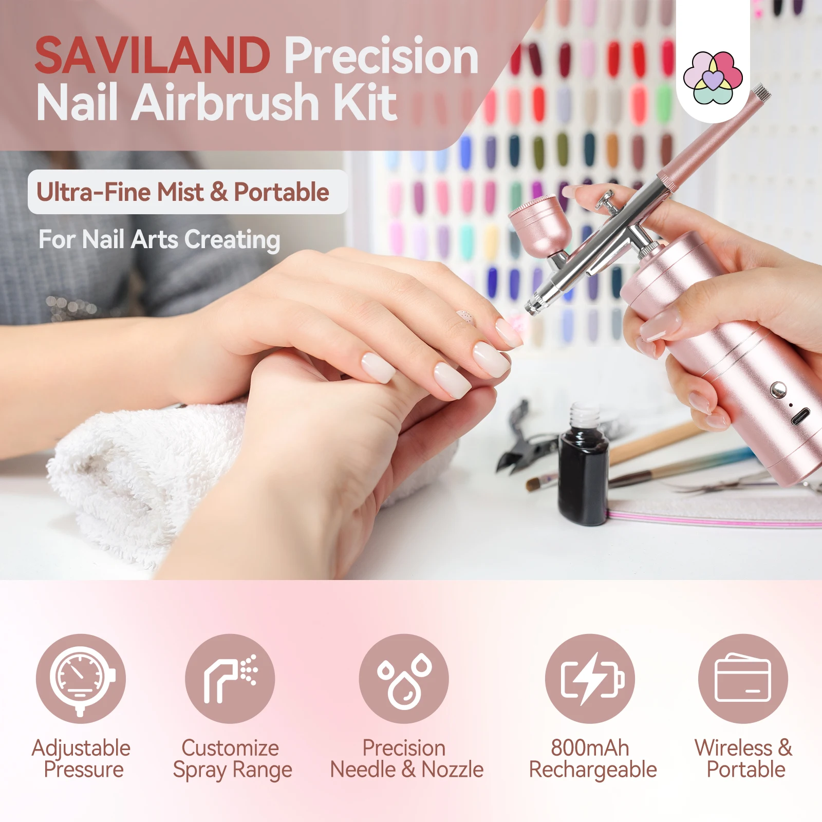SAVILAND Super Stable Airbrush Kit 25 PSI Rechargeable Dual Mode 0.3mm Nozzle for Gel Nail Ombre French Art and Makeup Portable