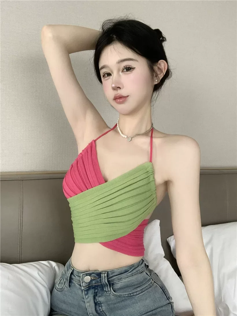 Korean & Japanese Style Summer Outerwear Knit Halter Cami Top with Cross Tie, Women's Pure Desire Sweet Spicy Cropped Bandeau Se