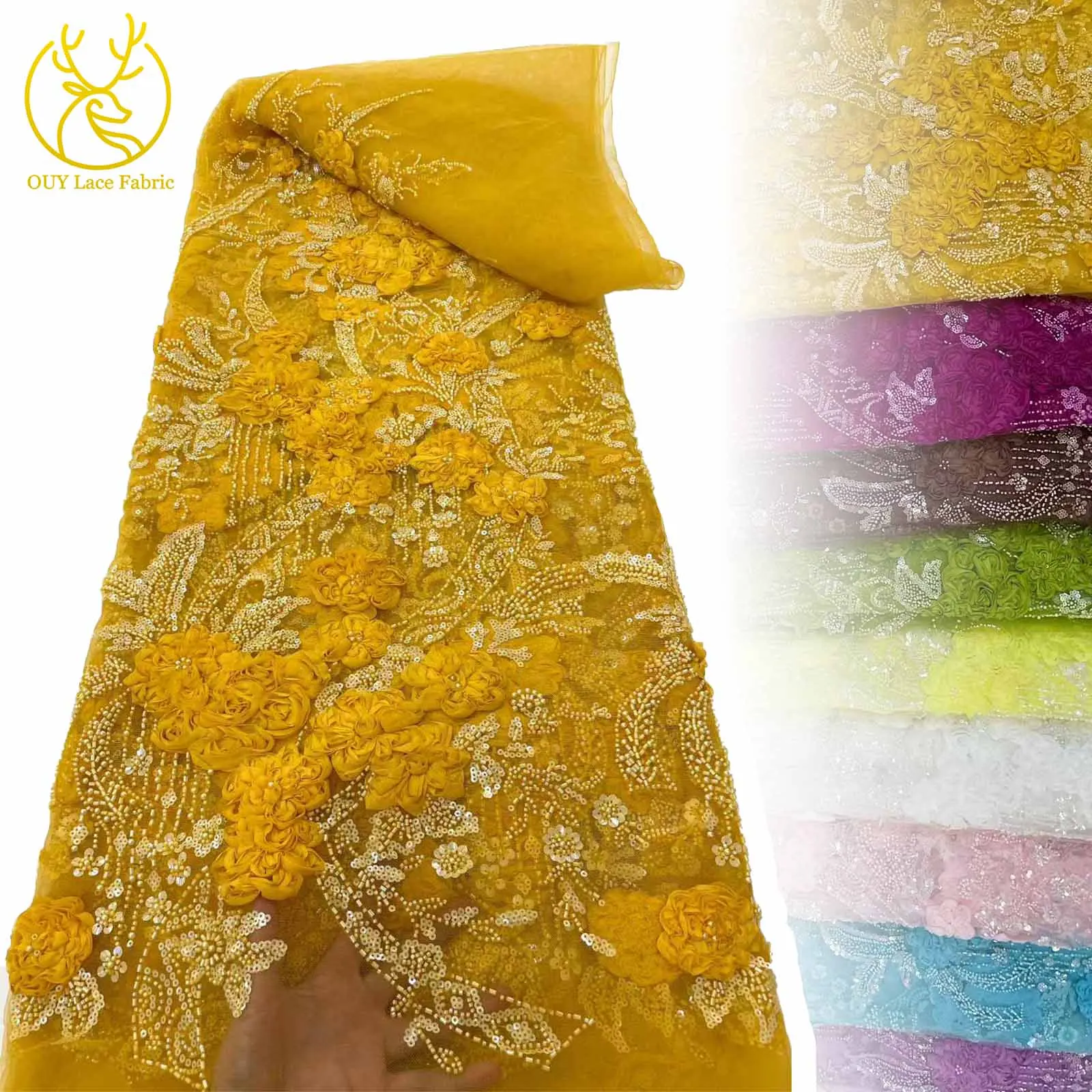

Yellow 3D Flower African Beaded Lace Fabric 5 yards Luxury French Mesh Sequin Lace Fabric Bridal Wedding Dress Sewing Material
