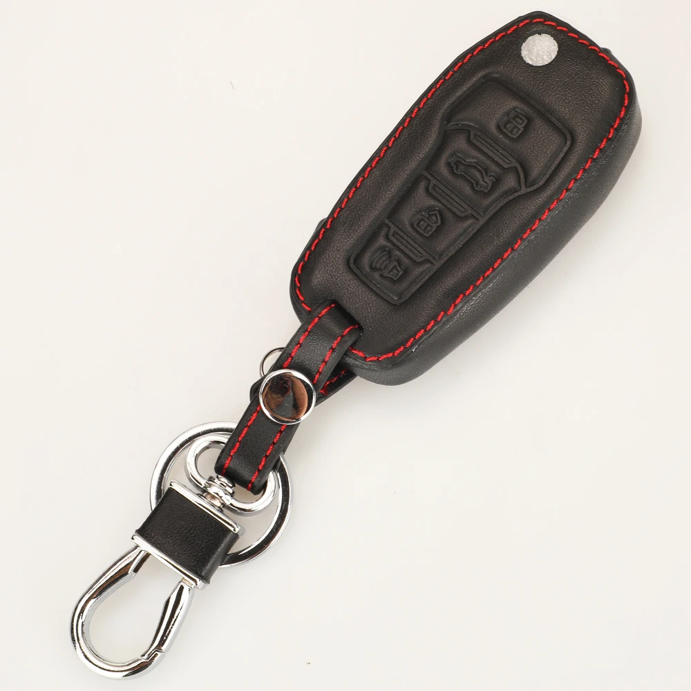 jingyuqin Leather Case Cover For Ford Escape F 150 Explorer 2001-2007 4 Buttons Folding Remote Car Key Protector With Key Chain