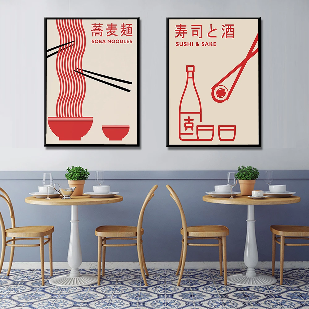 Impresión de Arte de pared Retro nórdico, pintura de lienzo de restaurante de comida japonesa, póster de fideos Soba, imágenes de Sushi y Sake para Decoración de cocina