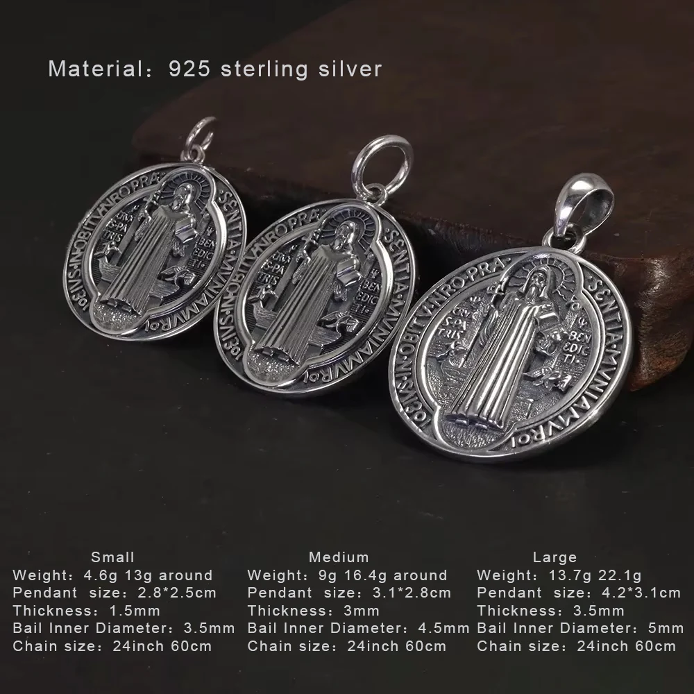 Vintage 925 Sterling Silver Saint Benedict Medallion Cross Pendant Necklace Catholic Exorcism Amulet Men and Women - view 2