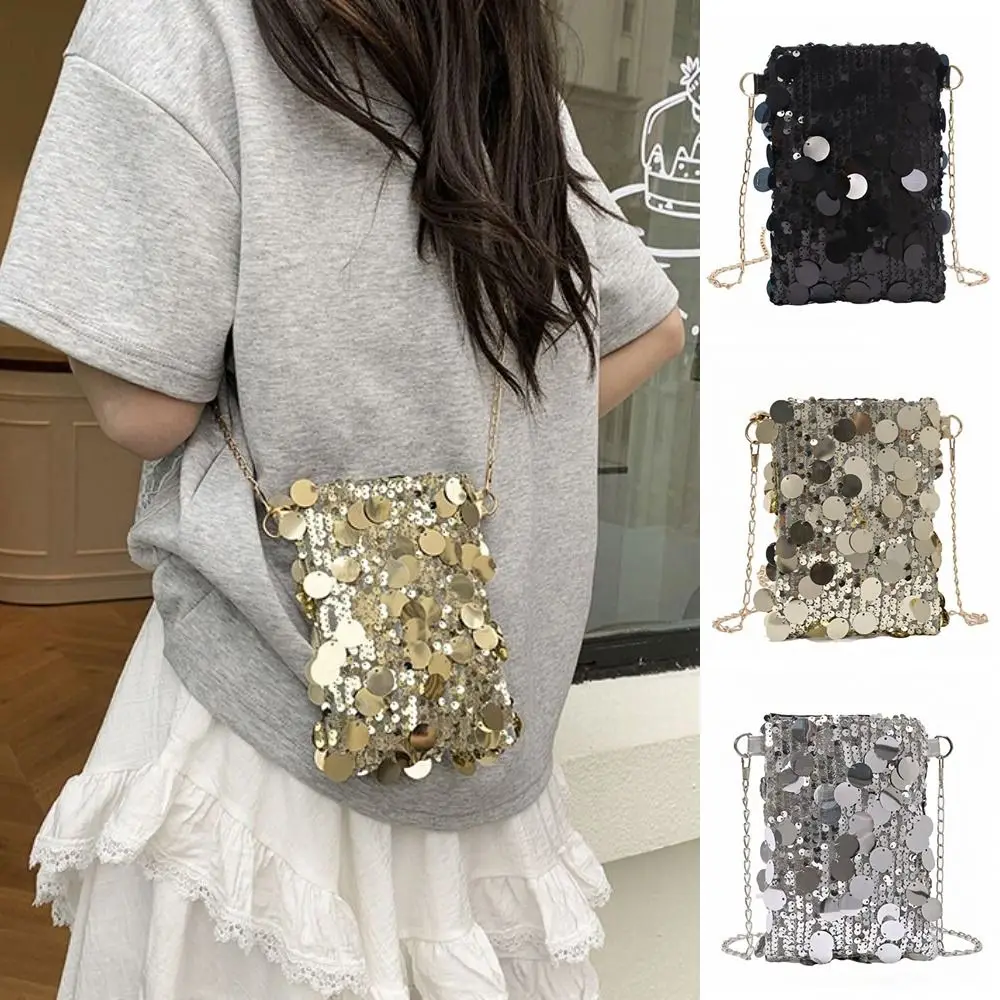 Casual Blingbling Sequin Crossbody Bag Cute Large Capacity Glitter Bag Canvas Handbag Chain Shoulder Bag Outdoor