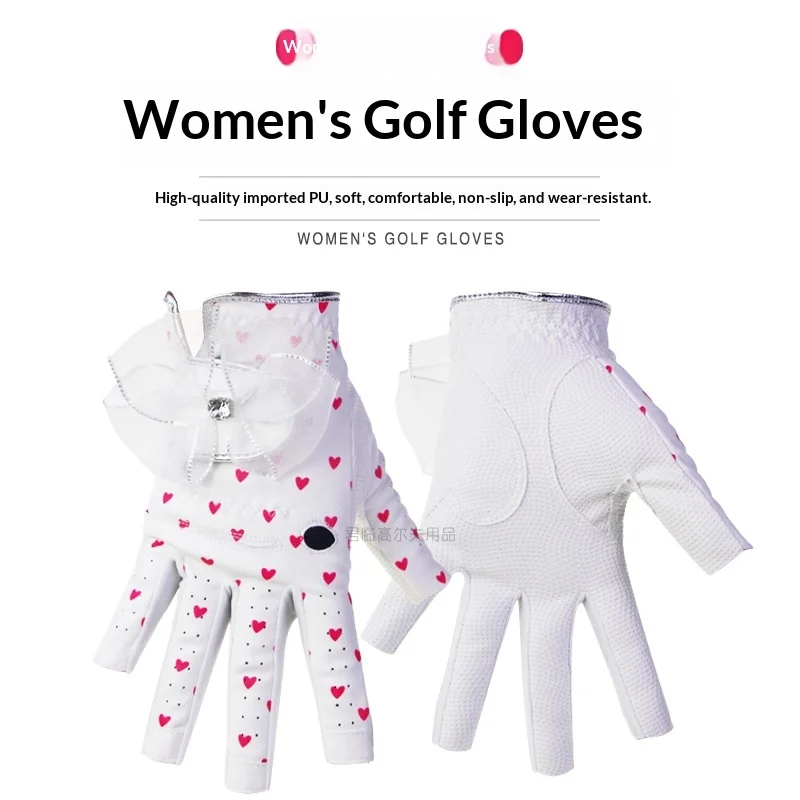 Women's Golf Gloves Fingerless with Bowknot, Magic Heart-Shaped Design, Breathable, Non-Slip, Wear-Resistant, for Both Hands