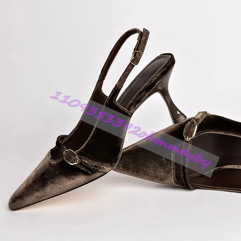 Women Dark Velvet Slingback Pumps Pointed Double Buckle Kitten Heels Office Wedding Reunion Theater Holiday Formal Footwear 46