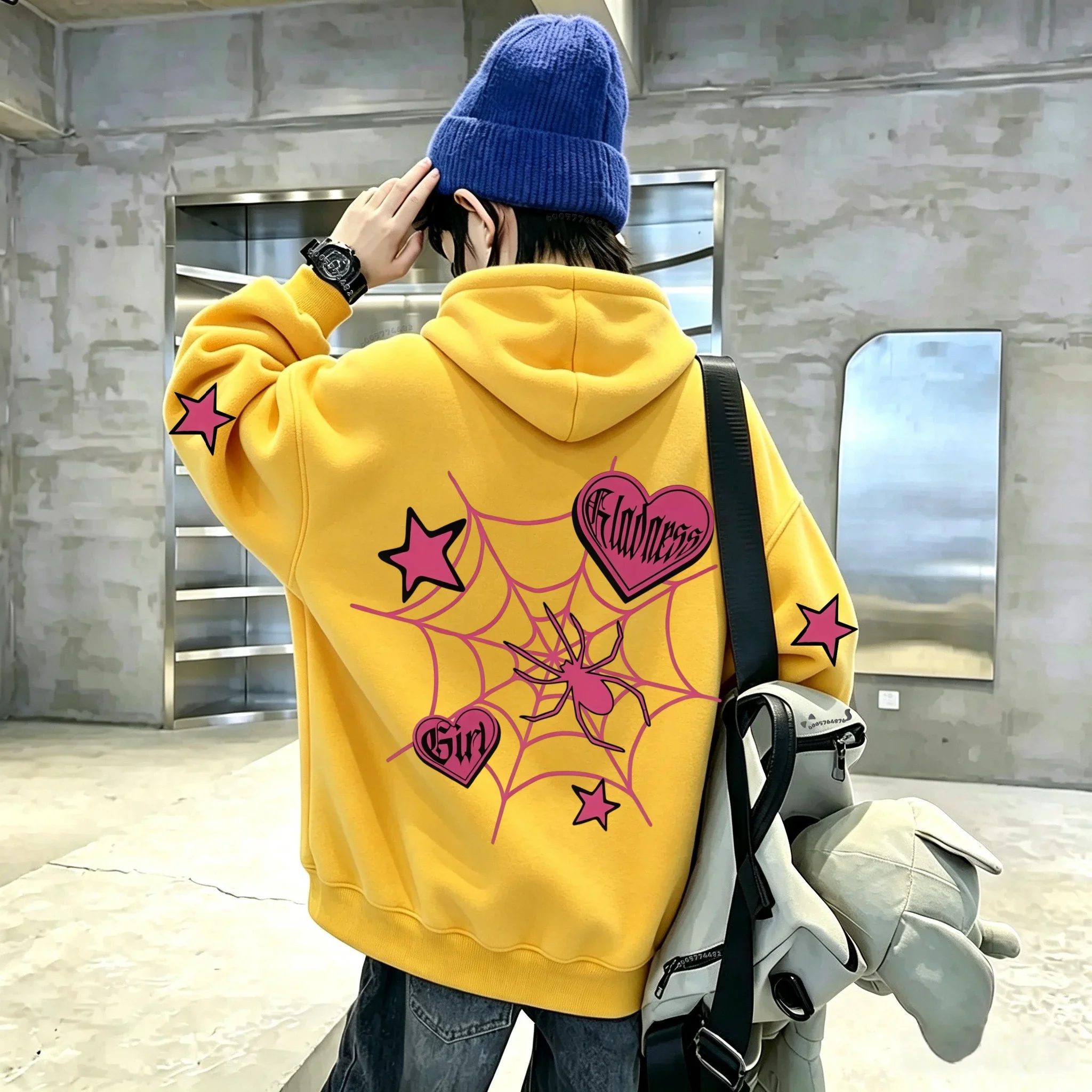 Latest Y2K Millennium-style powder web spider heart star pattern children's hooded pullover sweater for boys and girls