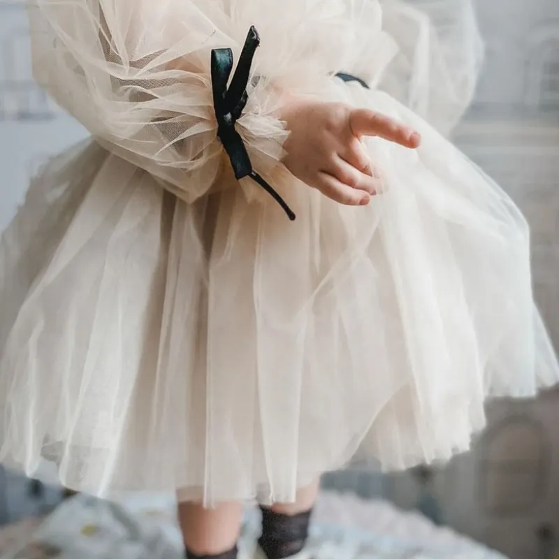 Baby Girl Princess Off Shoulder Tutu Dress Long Sleeve Child Vintage Gauze Tulle Vestido Party Wedding Birthday Frocks 1-14Y