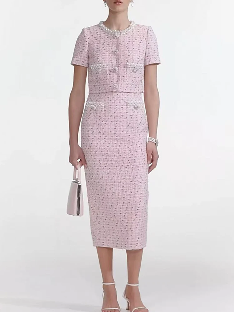 

Woman clothing y2k spring/summer tweed chambray pearl short sleeve Women coat2025 high waist split skirts for women dress set