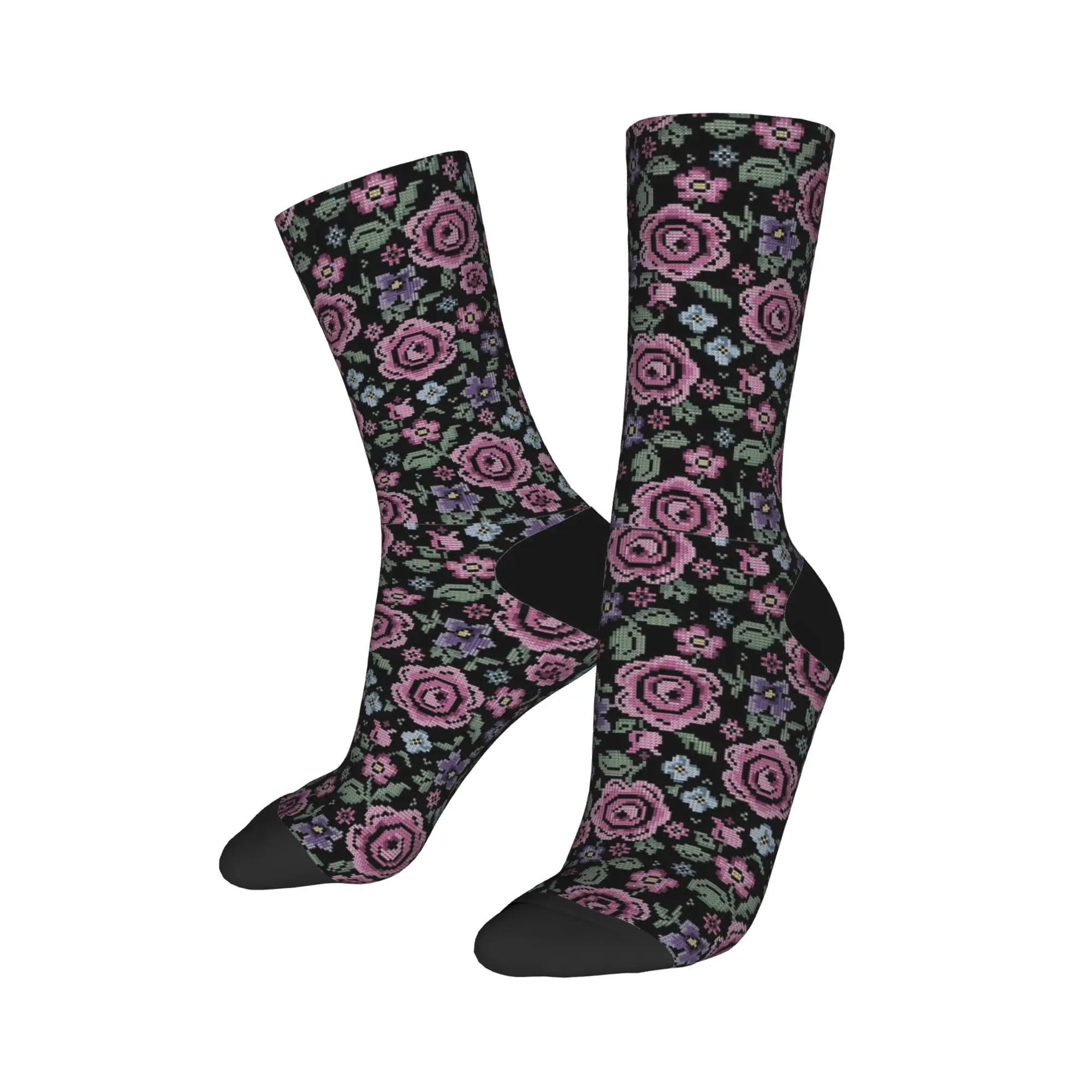 Folk Flower Cross Dress Socks  Casual Stockings Autumn Non Skid Men's Socks Quality Design Running Sports Socks