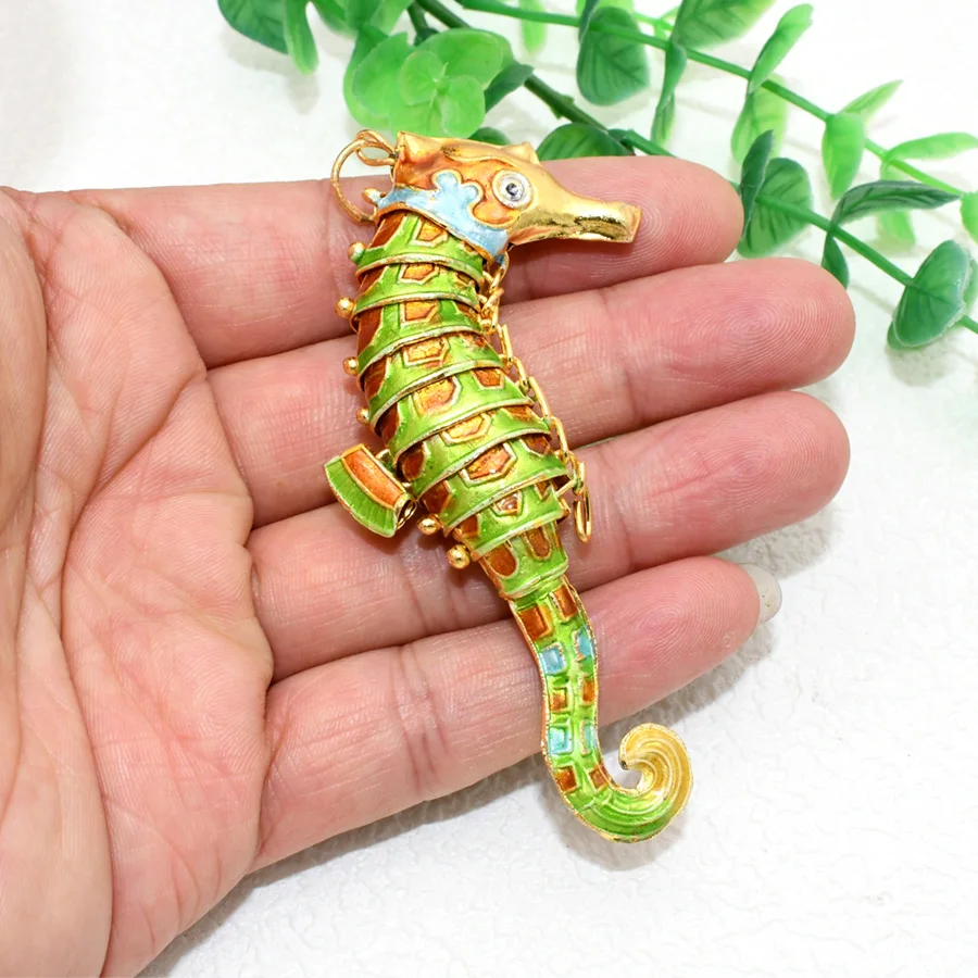 10cm Big Blue Yellow Green Chinese Traditional Cloisonne Enamel Movable Joint Seahorse Hippocampus Pendants