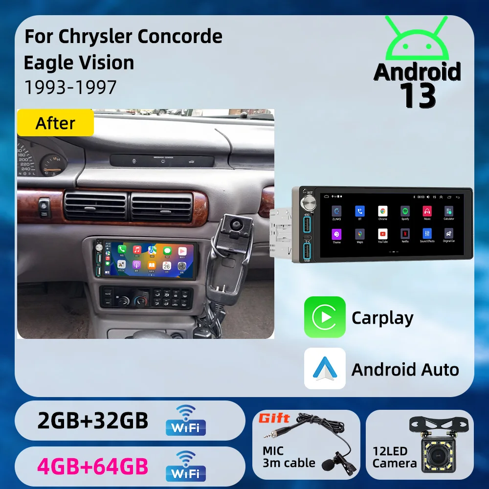 Sistema Multimedia para Automóvil para Chrysler Concorde Eagle Vision 1993-1997, Pantalla de 6.86 Pulgadas, Carplay, Unidad Principal 1 DIN, Radio Android para Automóvil, Autoradio, GPS, Estéreo