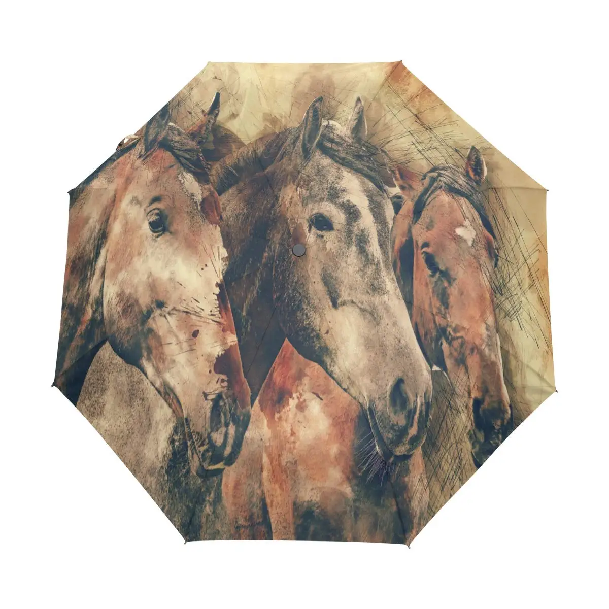 Funny Oil Painting Horse Rain Sun Umbrellas Watercolor Farmhouse Animal Lightweight Windproof Folding Travel Umbrella for Adults