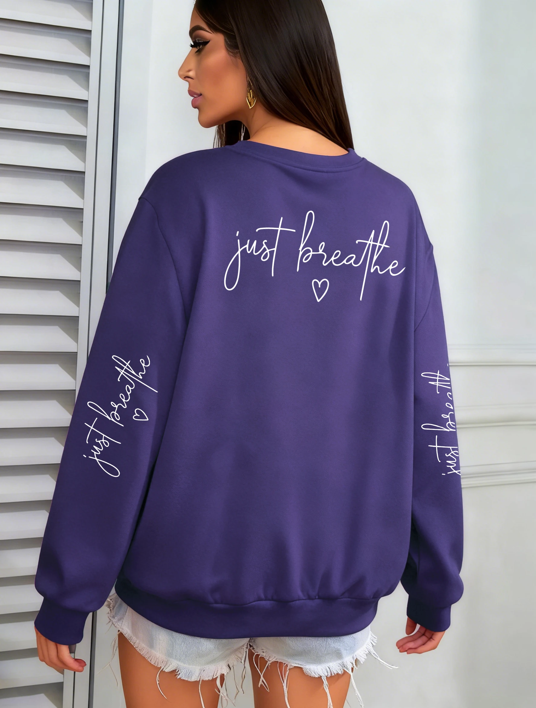 Just Breathe Love Art Letter Print Women Pullover Crewneck Y2K Sweatshirt Autumn Loose Clothes Fleece Jogging Female Streetwear