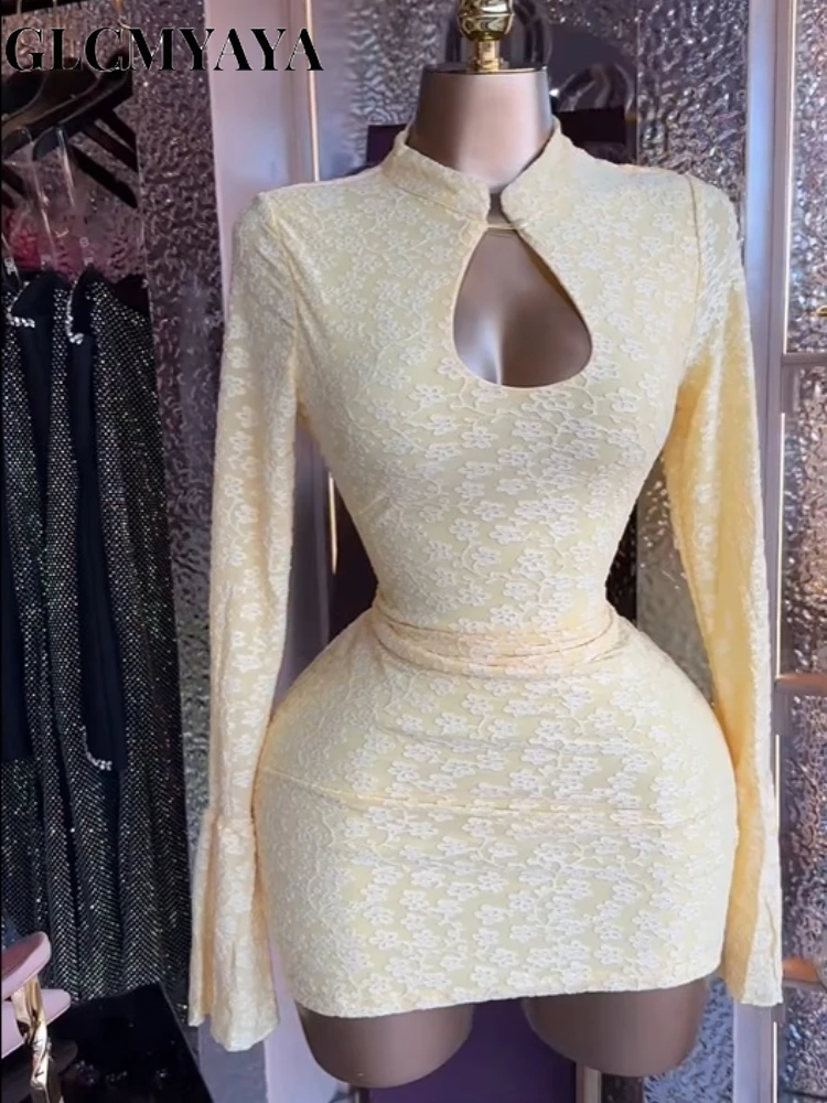 GLCMYAYA mujeres Stand Collar elástico ceñido al cuerpo Midi Mini vestido satén 2026 Otoño Invierno cóctel incluso fiesta de cumpleaños vestidos de moda
