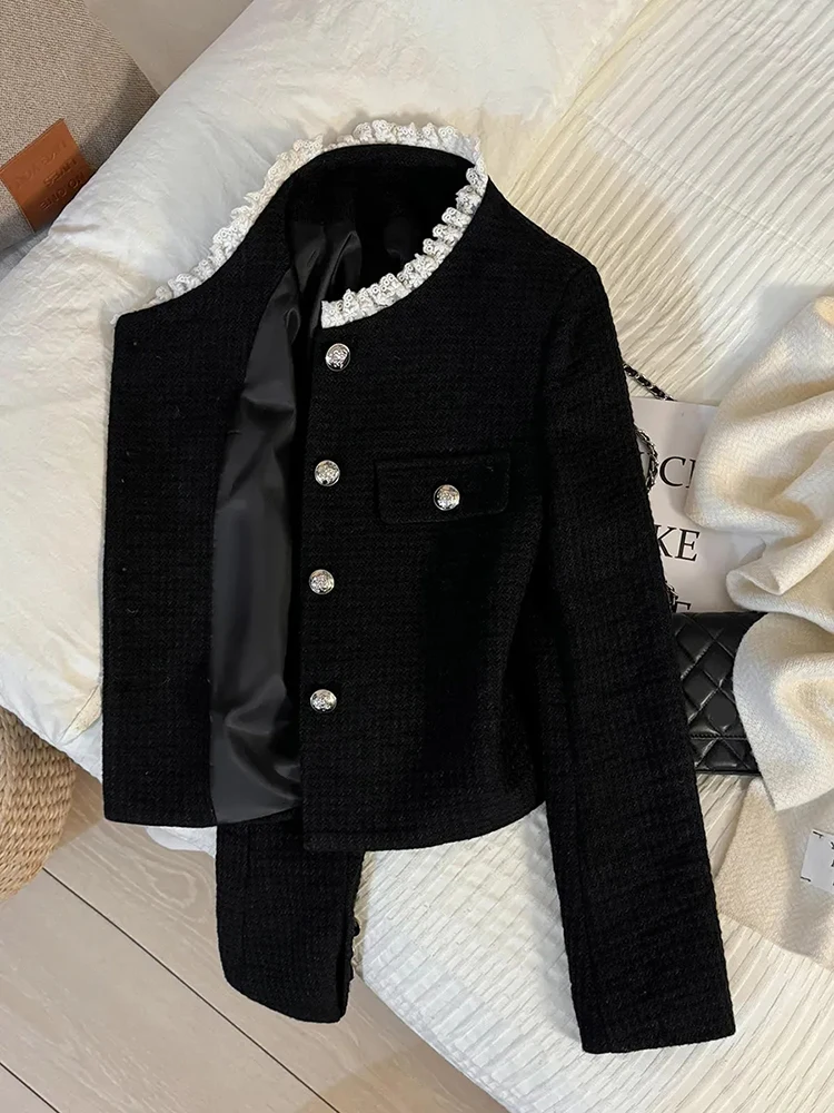 Black Stand Collar Blazers Women Lace Patchwork Elegant Office Lady Crop Suit Jacket Spring Fall Small Fragrance Gentle Outwear