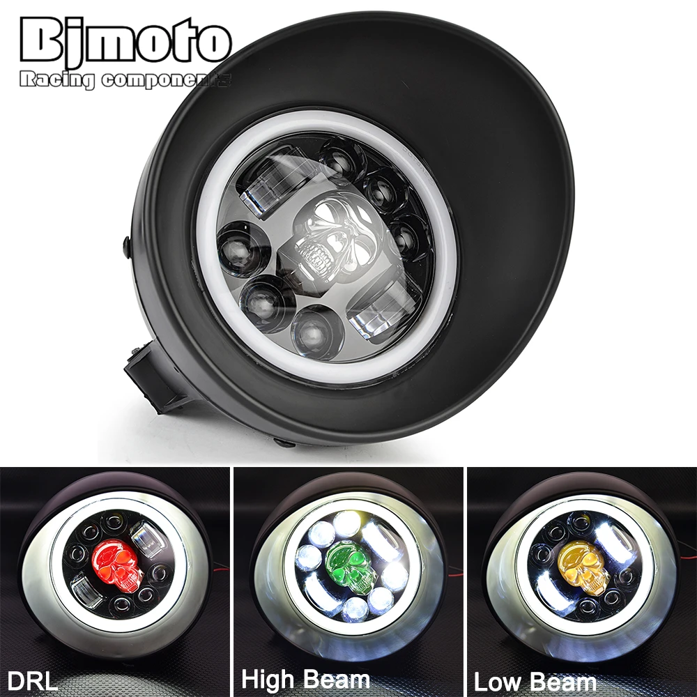 

5.75 inch Motorcycle LED Headlight Skull Pattern LED Headlight with High/Low Beam Turn Signal DRL Colorful Angle Eye Light