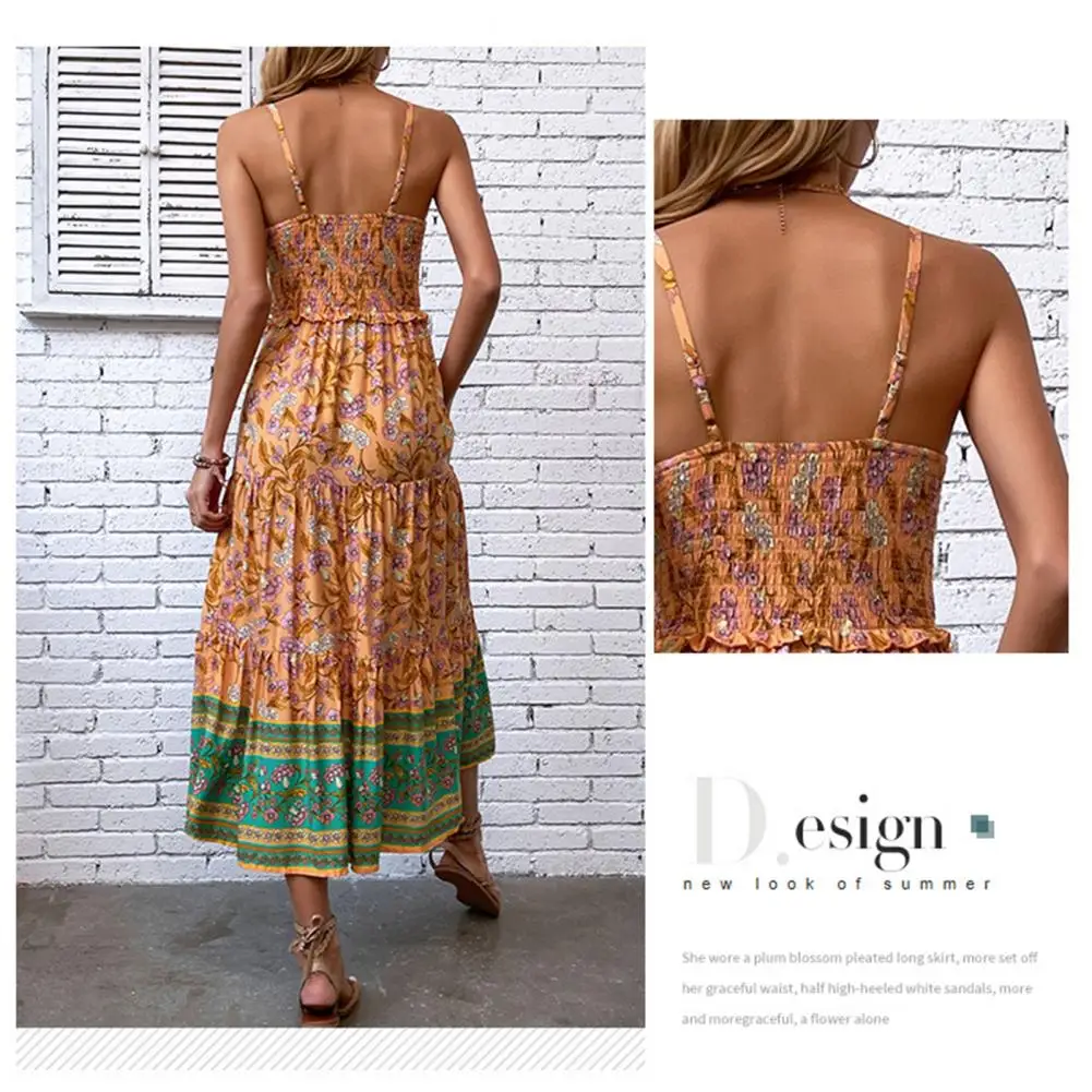 

Printed Summer Dress Ethnic Style Maxi Dress with Elastic Bust High Waist Pleats for Women Vacation Sundress with Printed