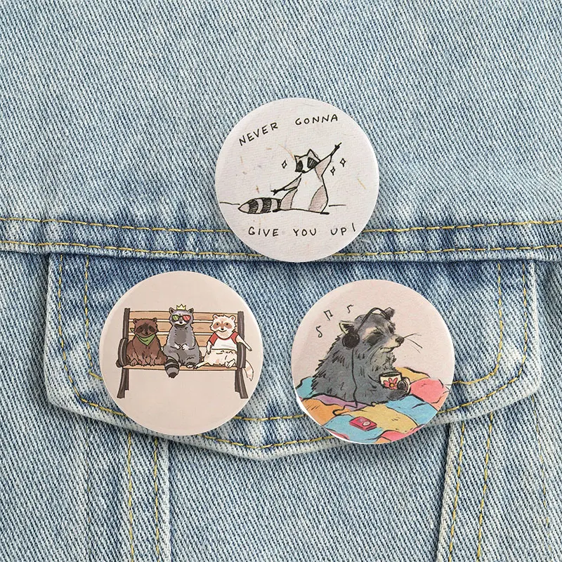 Cute Raccoon Button Pins Funny Meme Badge Never Gonna Give You Up Cute Music Animal Tinplate Brooch Accessories