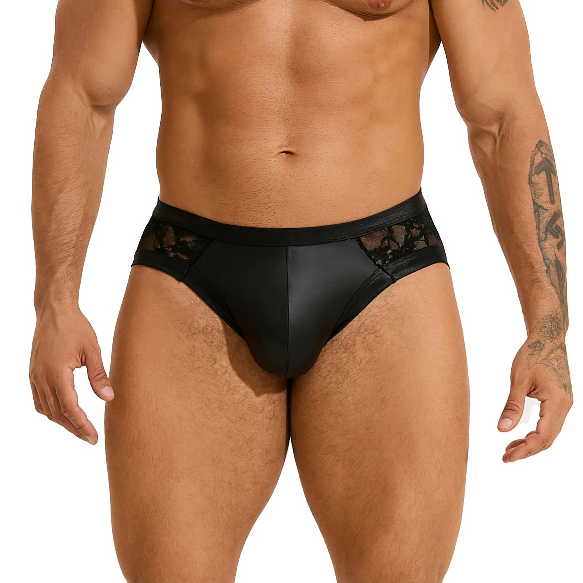 

Fashion Design Sexy Men Black Lace Jiont PU Faux Leather Sexy Underwear Pants Briefs Erotic See Through Thong Lingerie Hot