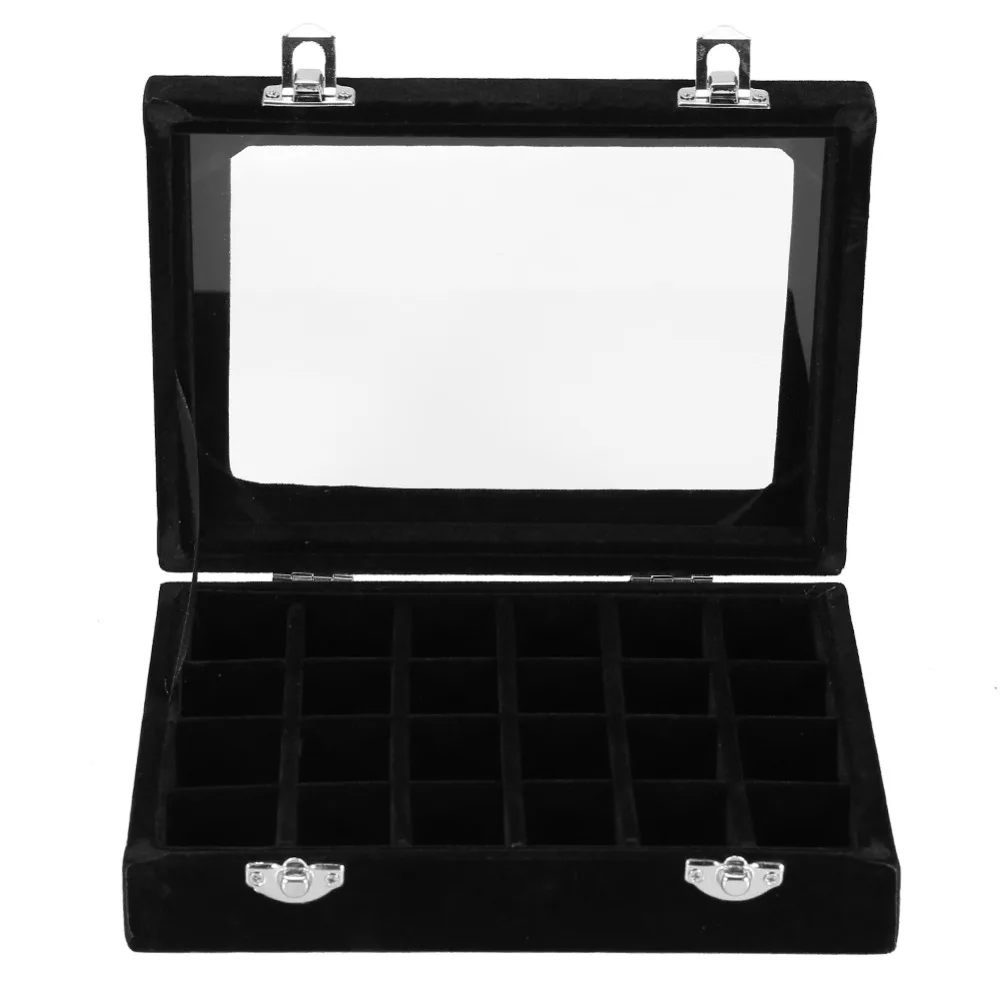 Velvet 24 Grids Rhinestone & Nail Gem Storage Box Transparent Lid Black Divided Compartment Nail Art Decoration Container