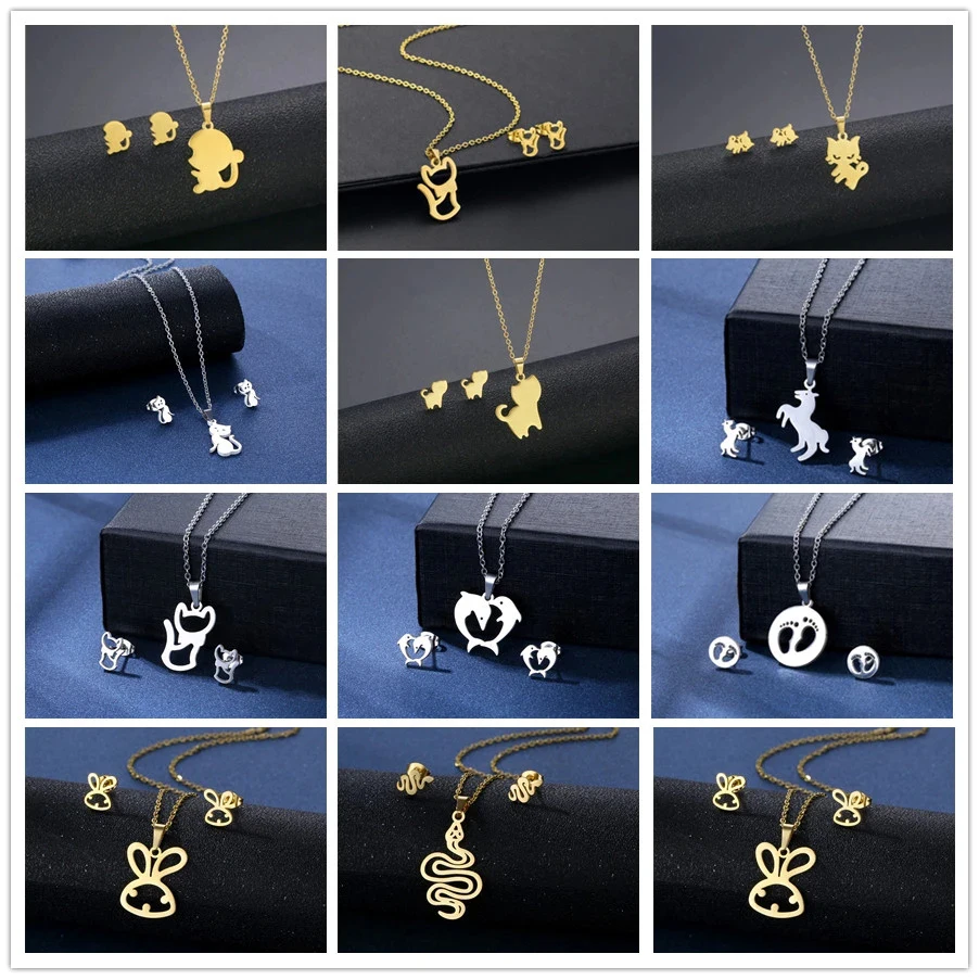 Stainless Steel Snake Jewelry Sets Fashion Women Cute Cat Kitty Monkey Horse Necklaces Earings Set Fashion Steel Pet Gifts