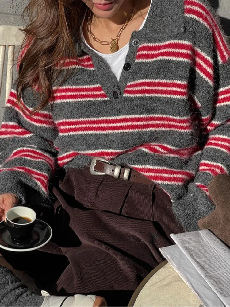 

Цветная блузка в полоску в стиле ретро, женский трикотаж Lazy Sle, осень-зима, новый дизайн, удобный крой, повседневный свитер Faion, топ