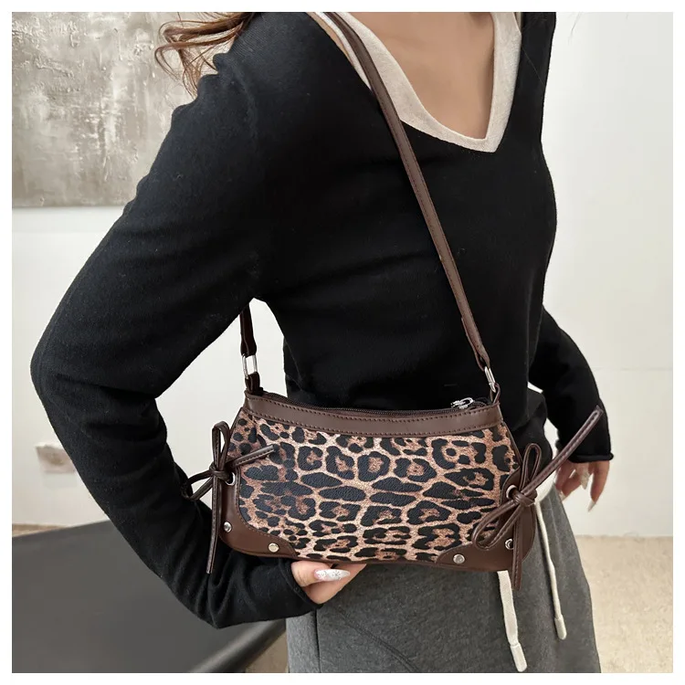 Neue Achselhöhle Tasche Trendy Schulter Tasche für Frauen Süße Doppel Bogen Handtasche Damen Tasche Retro Mode Weibliche Leopard Print Schulter Tasche – Detail 10