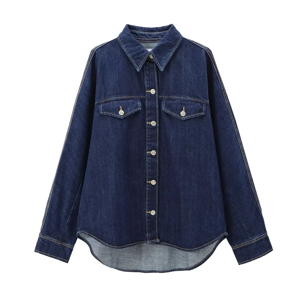 PB&ZA2024 autumn new women\'s clothing style simple lapel casual pocket decoration denim long sleeved shirt jacket