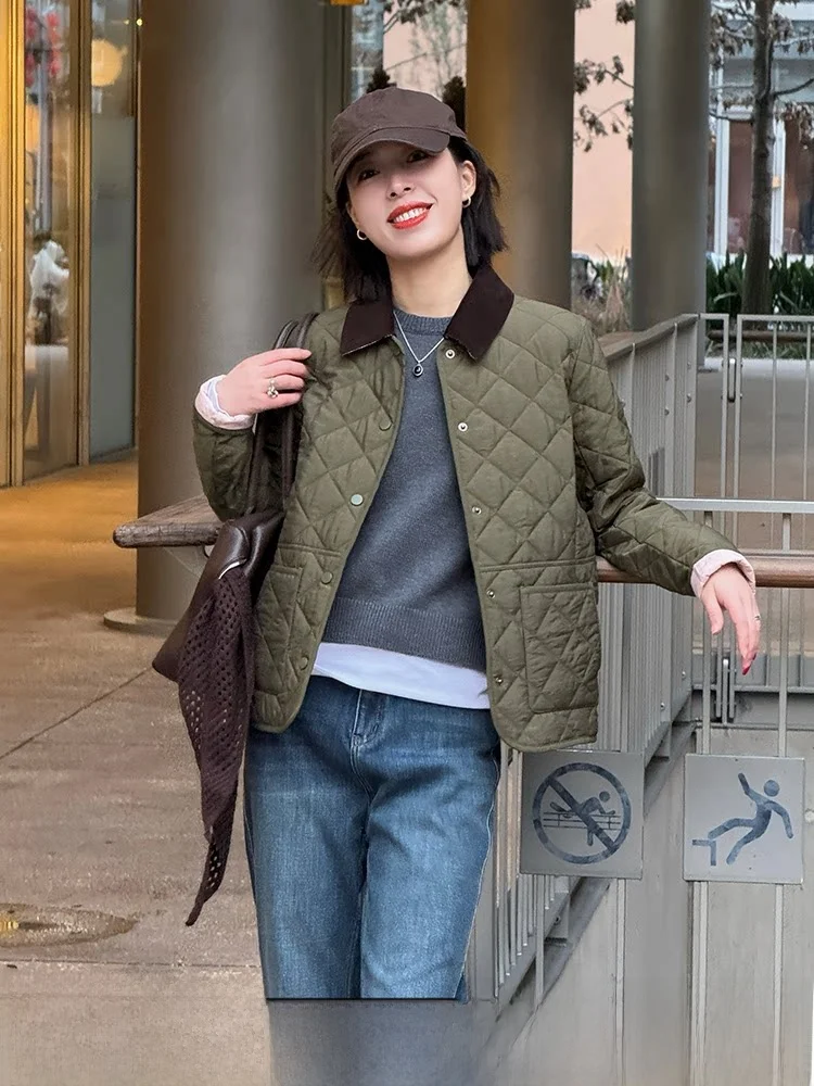 

Lightweight Quilted Cotton Jacket for Women Early Spring Vintage British Style Diamond Pattern Cotton Coat Ladies Fashion