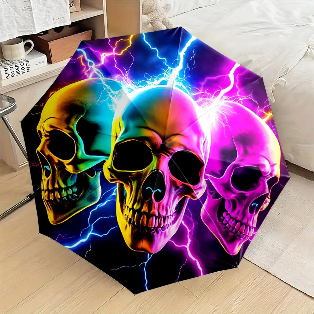 1PC Colorful Skull Design Umbrella with Lightning Accents Print 8 Iron Ribs Folding Umbrella Auto-Open Fashion Sunshade