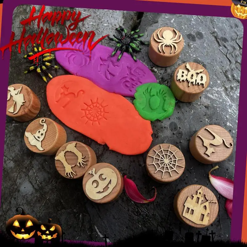 Halloween Clay Stamp Kit 9pcs Wooden Clay Stampers Children's Handmade Stamp Set Stamp Toys Plasticine Clay Stamp For Painting