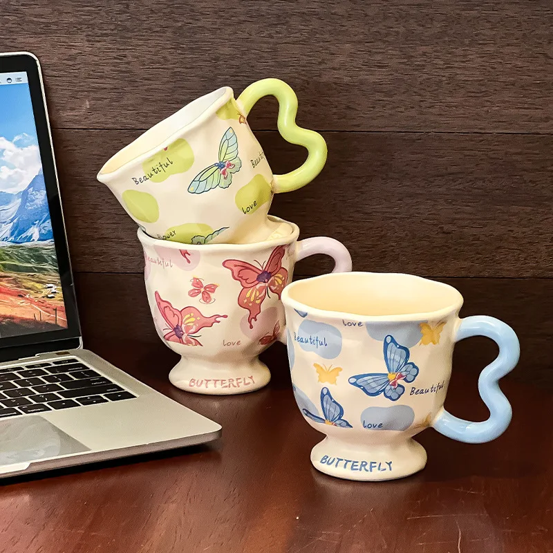 Cute Cartoon Style Butterfly Pattern Ceramic High-legged Mug Coffee Milk Cup Home Office Drinking Cup Mugs Coffee Cups