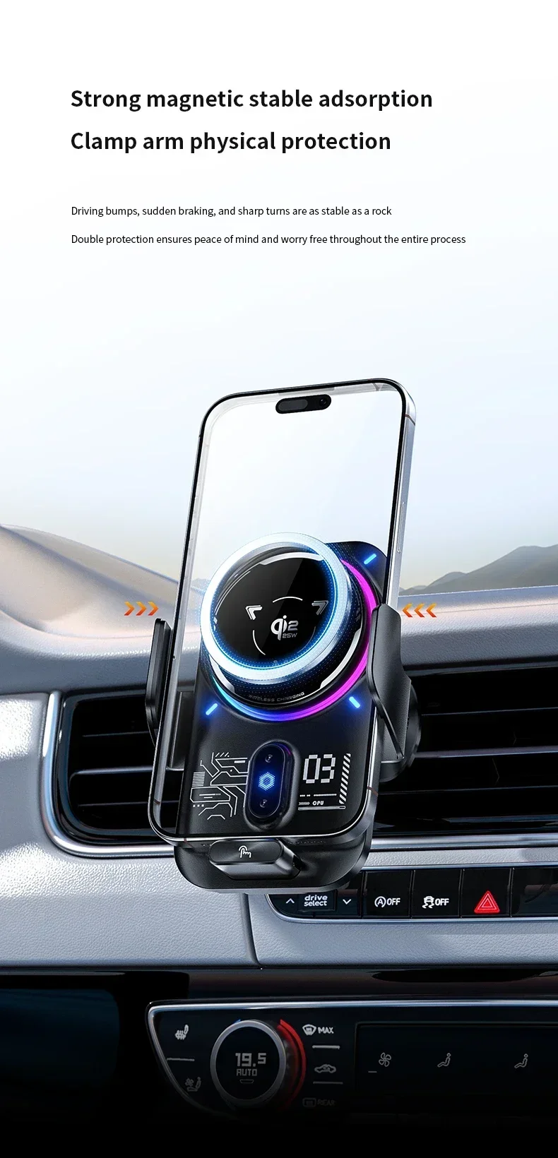 Magnetische & ICE-Kühlung RGB-Licht Qi2 25W Kabellose Ladestation Auto-Handyhalterung mit Induktion für iPhone 17 16 Samsung S26 S25 Ultra – Detail 9