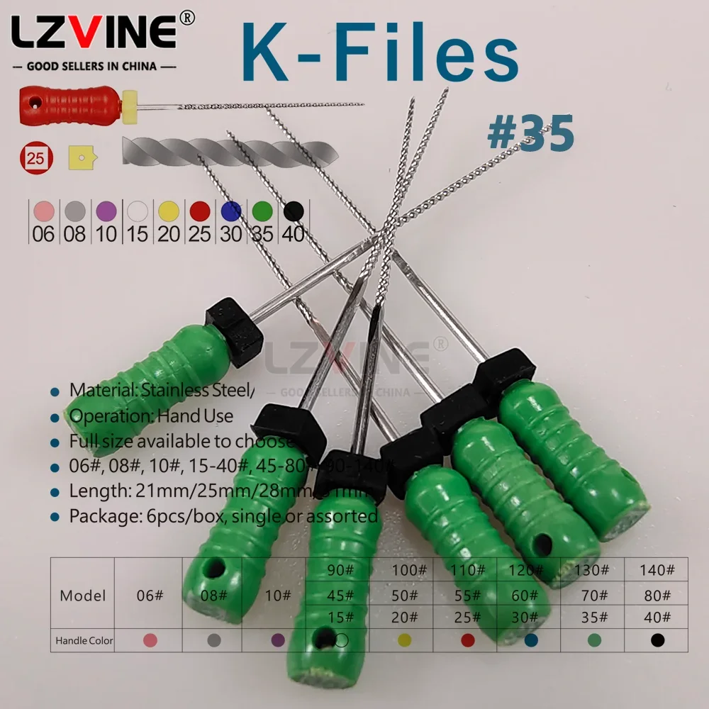 6Pcs/Pack Dental K Files 25mm Single Size10#/15# Assorted15-40 Dental Stainless Steel Hand Use Endodontic Root Canal HRC+File