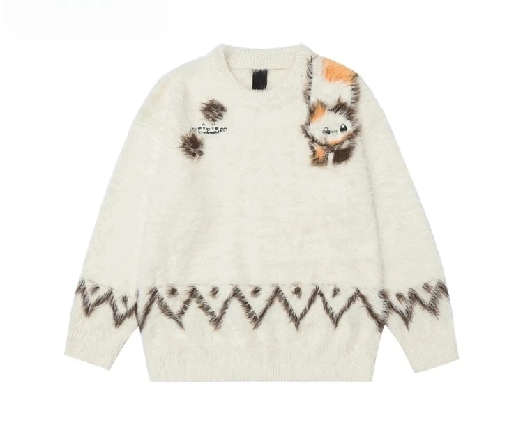 Sweater Rajut Wanita Gaya Amerika Motif Kucing Jacquard Mohair Hitam Kerah Bulat Musim Gugur Musim Dingin Gaya Pasangan Longgar Kasual Warna Aprikot