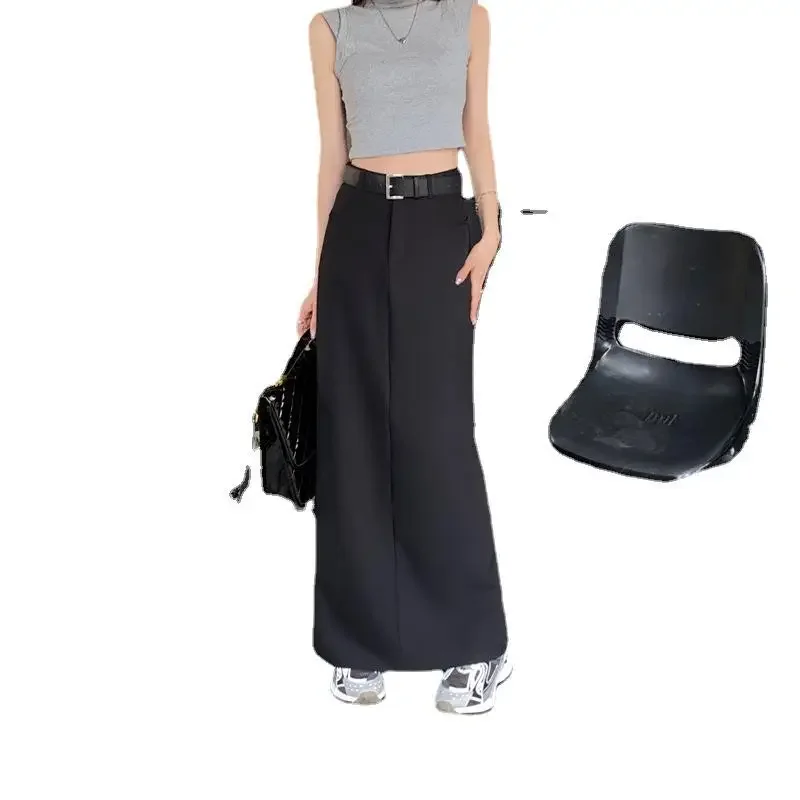 Elegant Women Long Black Suits Skirts for Female Pockets OL Casual High Waist Pencil Midi Skirt with Belt 2023 Summer