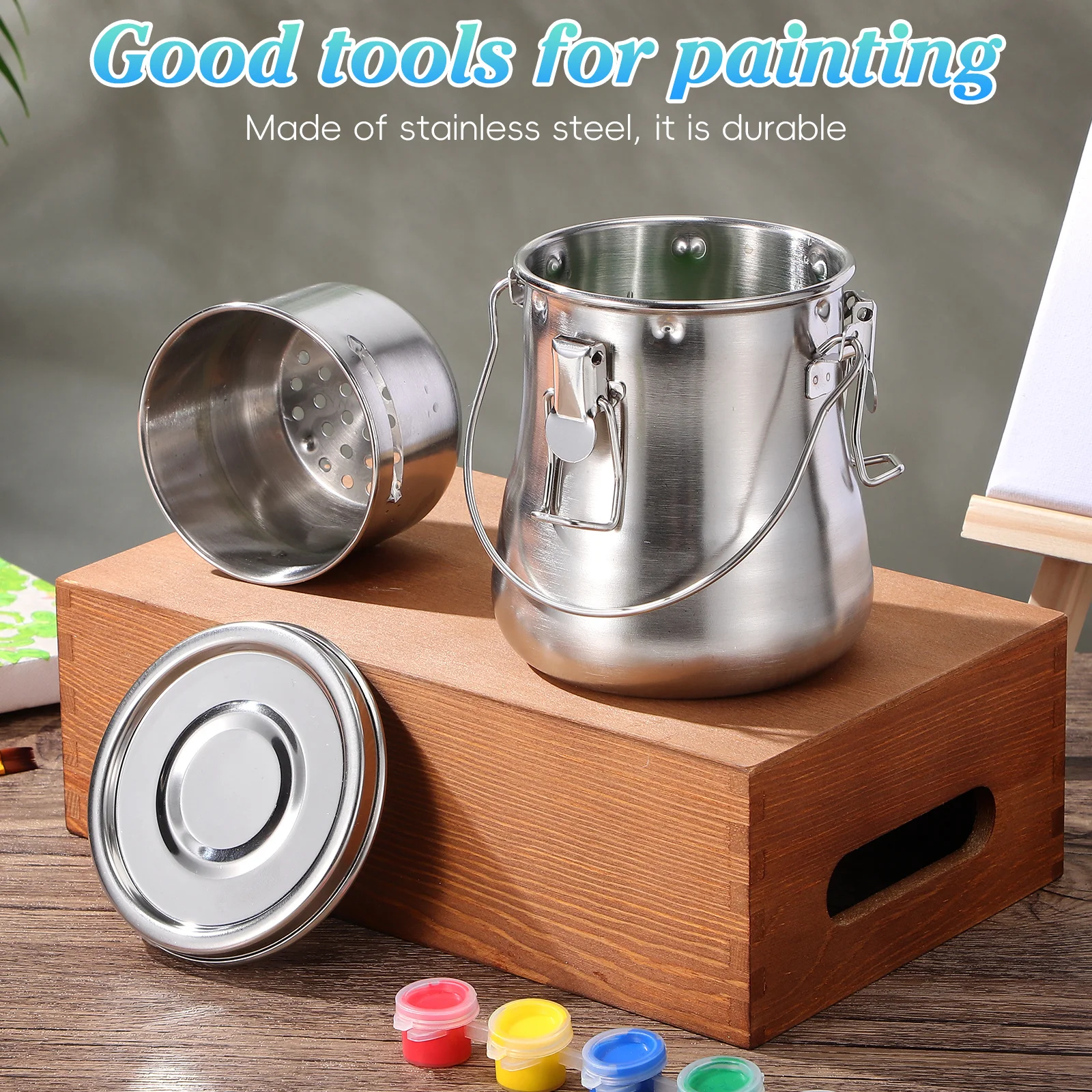 Contenedor de paleta de pintura al óleo, arandela de cepillo portátil de doble capa de acero inoxidable para niños principiantes, clase de arte al aire libre