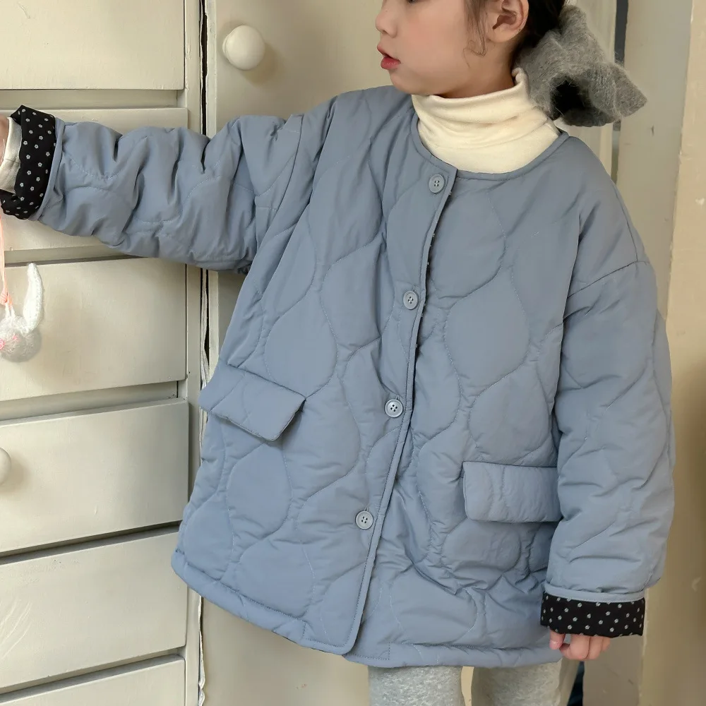 2024 Winter Girls' Korean Edition Label Solid Color Two Sided Cotton Jacket Children's Round Neck Thickened Dot Cotton Coat