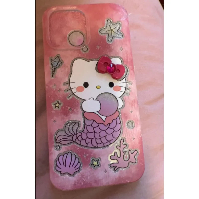 Y2k Hello Kitty Mermaid Flash Phone Case for 11 12 13 14 15 16 Pro Max Fashion Anime Kawaii Anti-fall XS Shiny Protective Cover