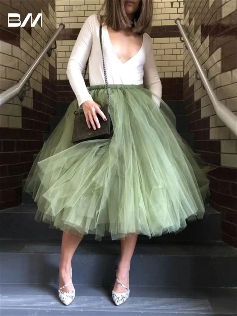 

Fashionable Casual Army Green Tea Length Skirt 2024 Elegant Tulle Skirts Women A-line Summer Tulle Skirts