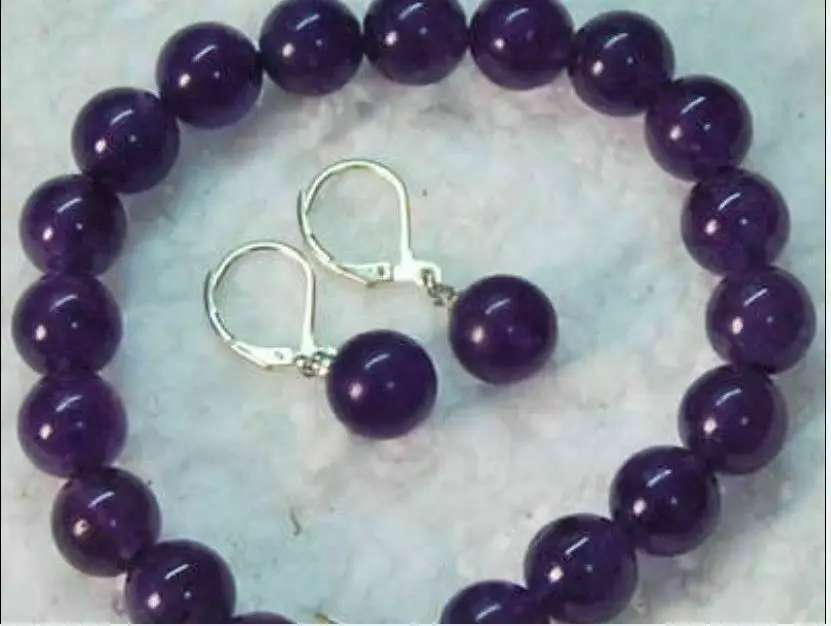 

Natural 10mm Purple Amethyst Round Gemstone Beads Bracelet Earrings Set 7.5''