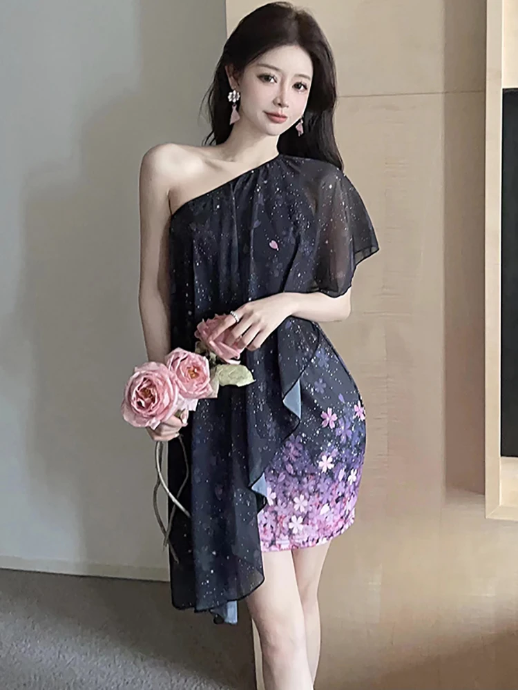 Women Korean Chic Diagonal Collar Midi Dress Summer Black Gradient Floral Ruffled Dress 2026 New Elegant Bodycon Holiday Dresses