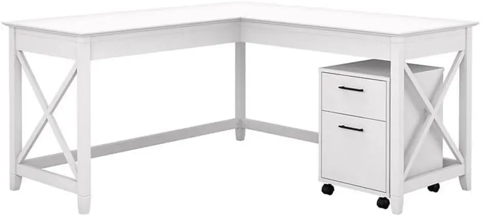 Bush Furniture Key West 60W L Shaped Desk with 2 Drawer Mobile File Cabinet in Pure White Oak