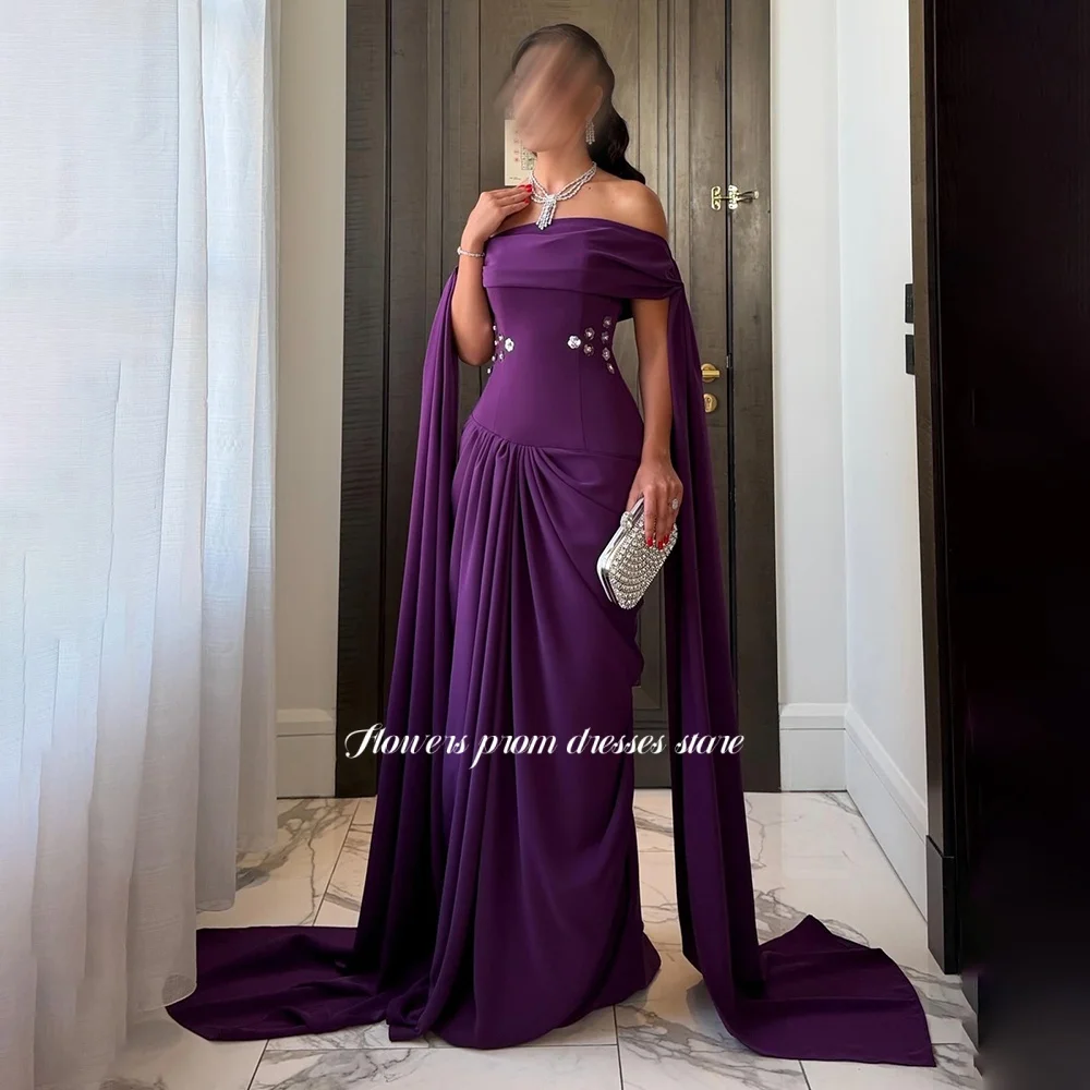 Flowers Purple Evening Dress with Beads Long Flare Sleeve Prom Dress Pleated Princess Dress Party Dress فساتين السهرة Customized